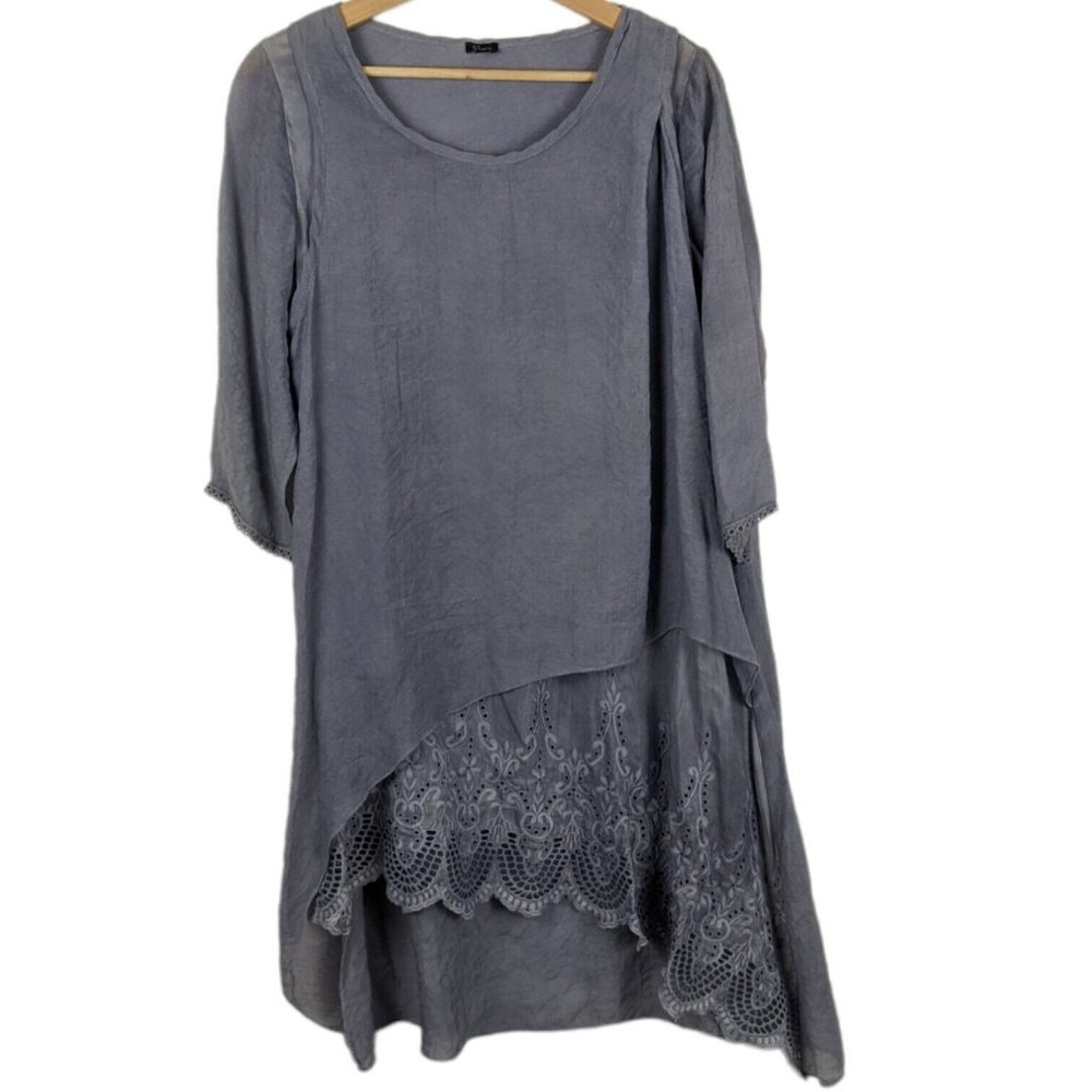 Shana Lag-N-Look Gray/Blue Tunic Top Eyelet Trim Size Small